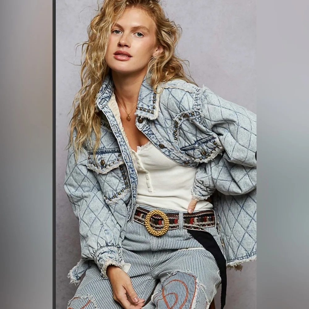 POL XSMALL Studded Quilted Denim Jacket - Picture 1 of 5